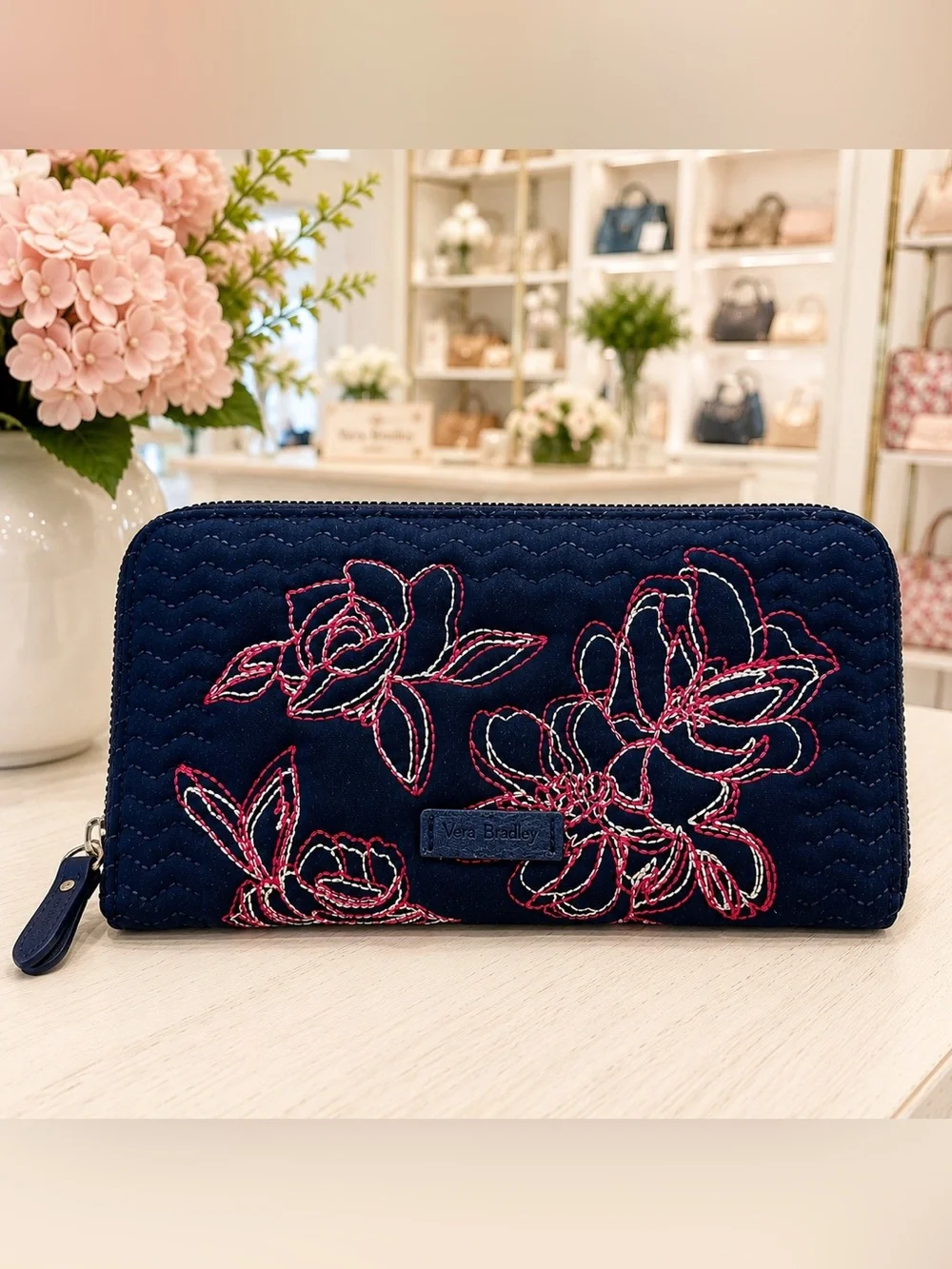 Vera Bradley Classic Navy Quilted Floral Embroidered RFID Zip Around Wallet